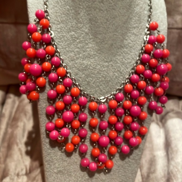 Colorful Beaded Chandelier Necklace Pink & Orange Beads in Loops Silver Chain - Picture 1 of 2